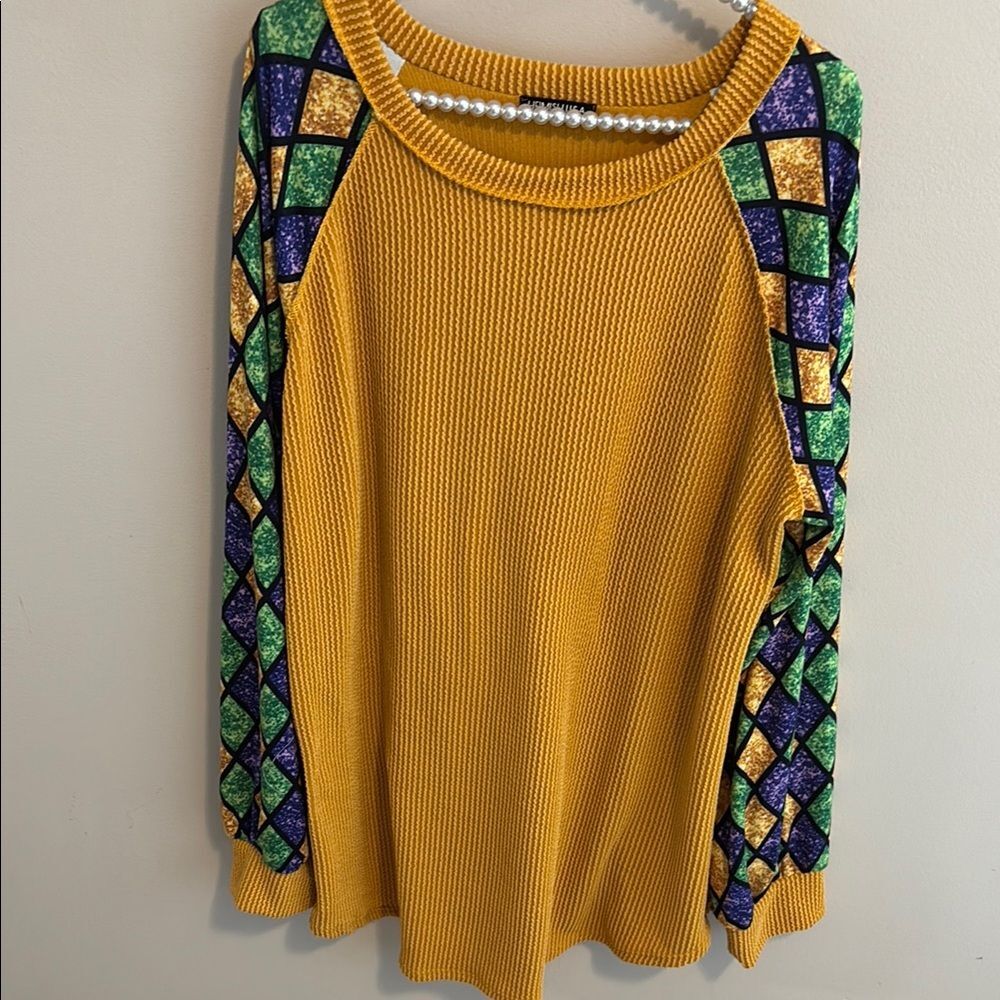 HEIMISH Mardi Gras Top 2XL Mustard Yellow Ribbed Harlequin Sleeve Sequin Look